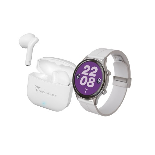 *TECHMADE SMARTWATCH SILVER CASE+WHITE BELT+WHITE EARBUD BUNDLE