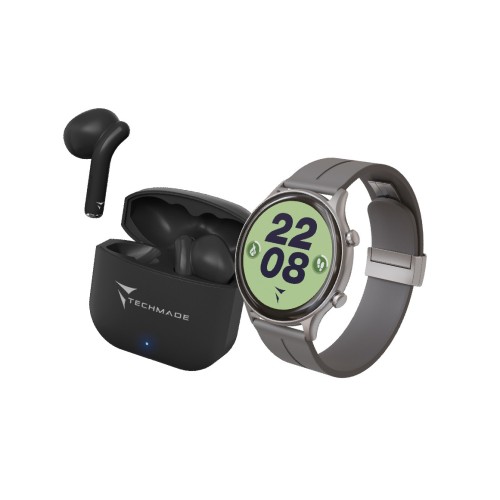 *TECHMADE SMARTWATCH SILVER CASE + GY BELT + BK EARBUD BUNDLE