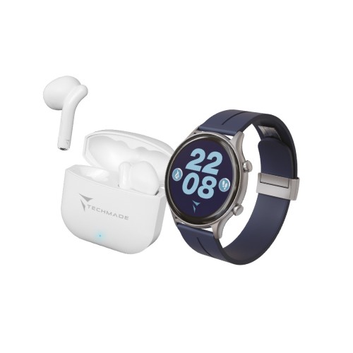*TECHMADE SMARTWATCH SILVER CASE + BL BELT + WHITE EARBUD BUNDLE