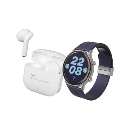*TECHMADE SMARTWATCH SILVER CASE + BL BELT + WHITE EARBUD BUNDLE