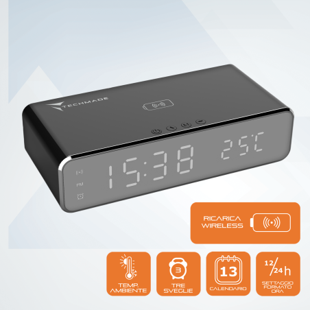 TECHMADE SVEGLIA DIGITALE CON RICARICA WIRELESS 15WATT NERA
