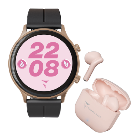 *TECHMADE SMARTWATCH GOLD ROSE CASE + PK BELT + PK EARBUD BUNDLE